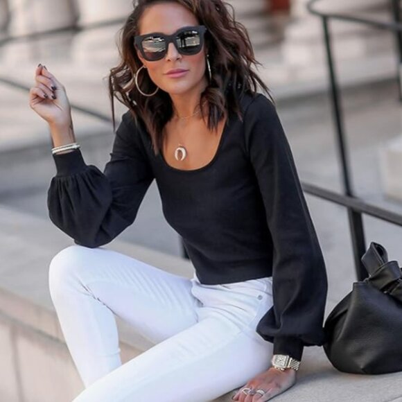 The Drop Lucyswhims Women's Ribbed Square Neck Balloon Long Sleeve Lucy Top NWT - Picture 11 of 13